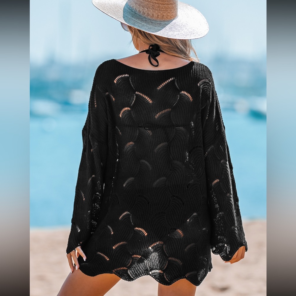 NWT CUPSHE sz M black cutout scalloped sweater/swim cover - Picture 2 of 10